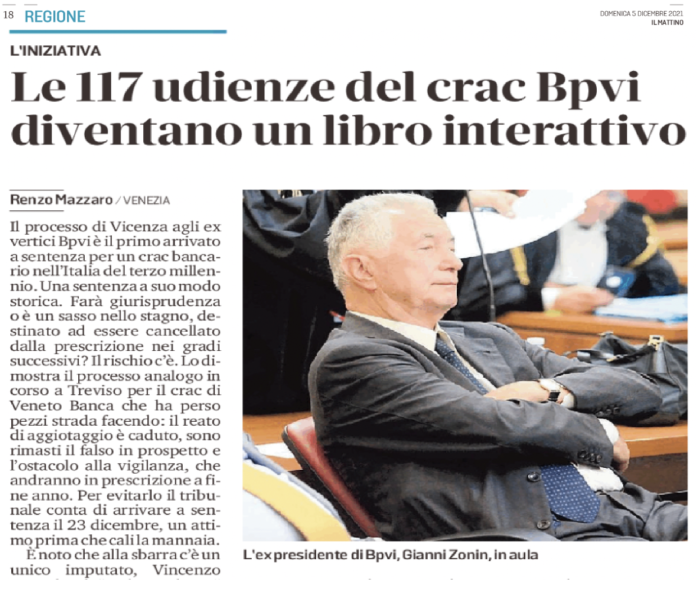 Banca Popolare di Vicenza. La cronaca del processo, la recensione su Il Mattino di Padova