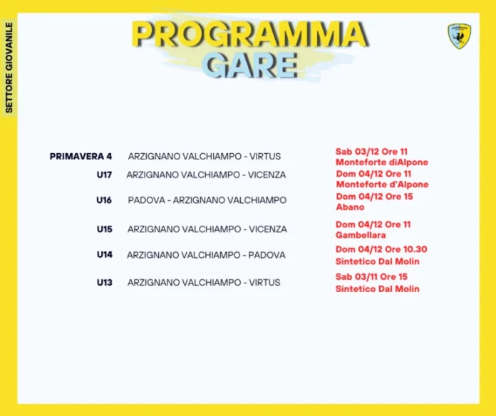 Fc Arzignano Chiampo, settore giovanile programma gare 3-4 dicembre