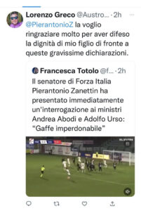 Twitter di ringraziamento a Zanettin di Lorenzo Greco, padre di Freddi (Lr Vicenza),