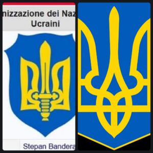 A sx simbolo neonazista e neofascista ddei nazionalsita di Stepan Bandera e a destra simbolo storico diverso dell'Ucraina