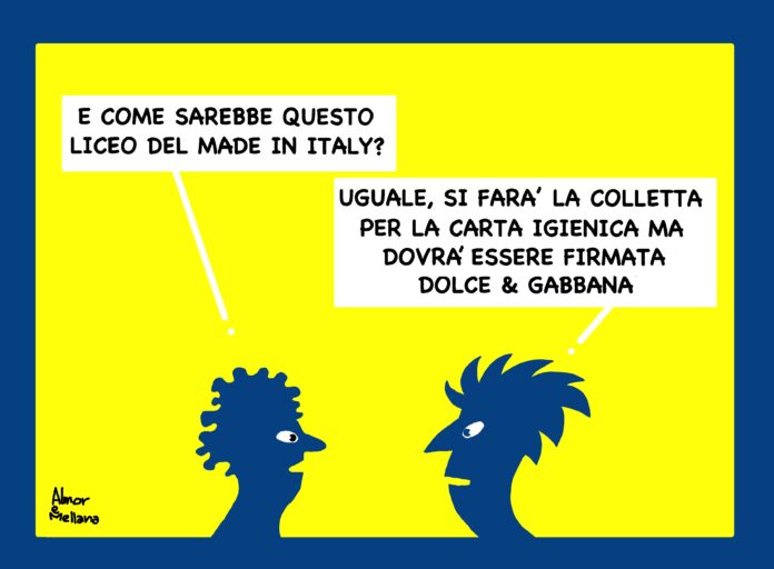 Carne e teste artificiali, si studieranno al Liceo del Made in Italy (vignetta di Almor e Mellana)