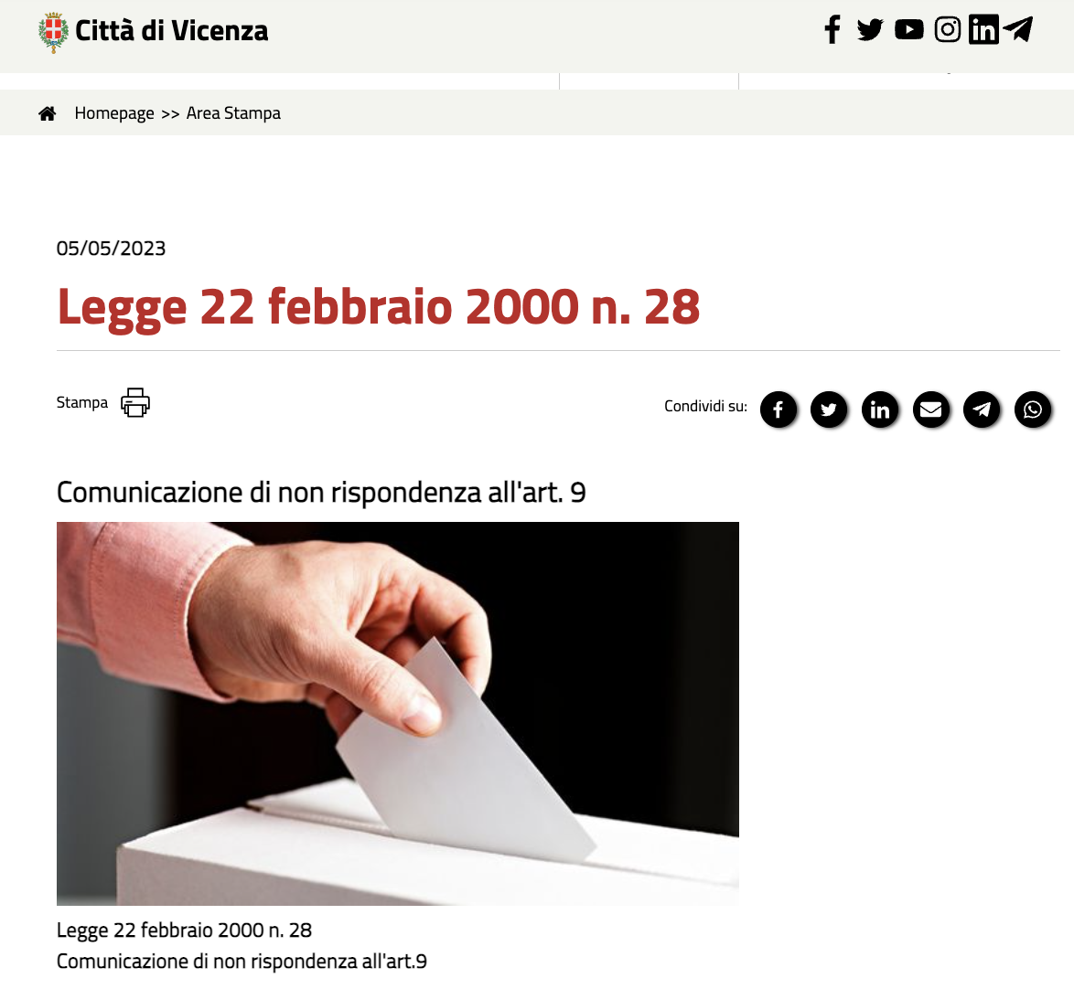 Comunicati stampa comune di Vicenza, pubblicazione sanzione Agcom ben poco trasparente