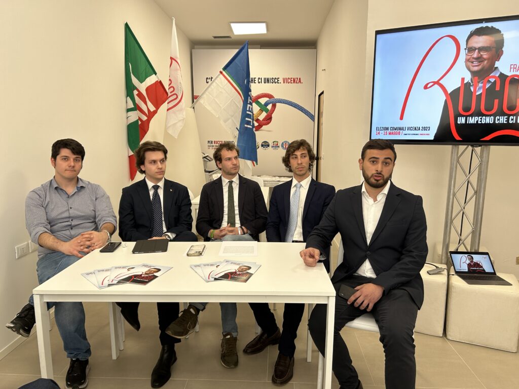 Giovani candidati del cdx a Vicenza Luca Zanon - lista Rucco, Nicolò Aldighieri Fratelli d'Italia, Jacopo Maltauro - Lega, Matteo Marra - Forza Italia, Giuseppe Pellizzari - lista Rucco