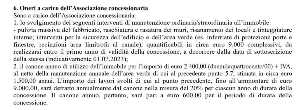 Oneri a carico dell’Associazione concessionaria dell'area del Parco della Pace denominata ex Aerostazione