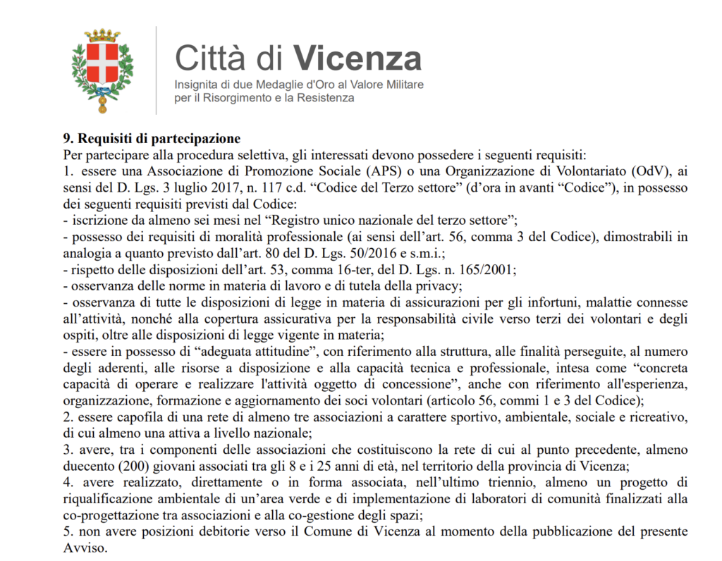 Requisiti di partecipazione per l'avviso di interesse per l'area del Parco della Pace