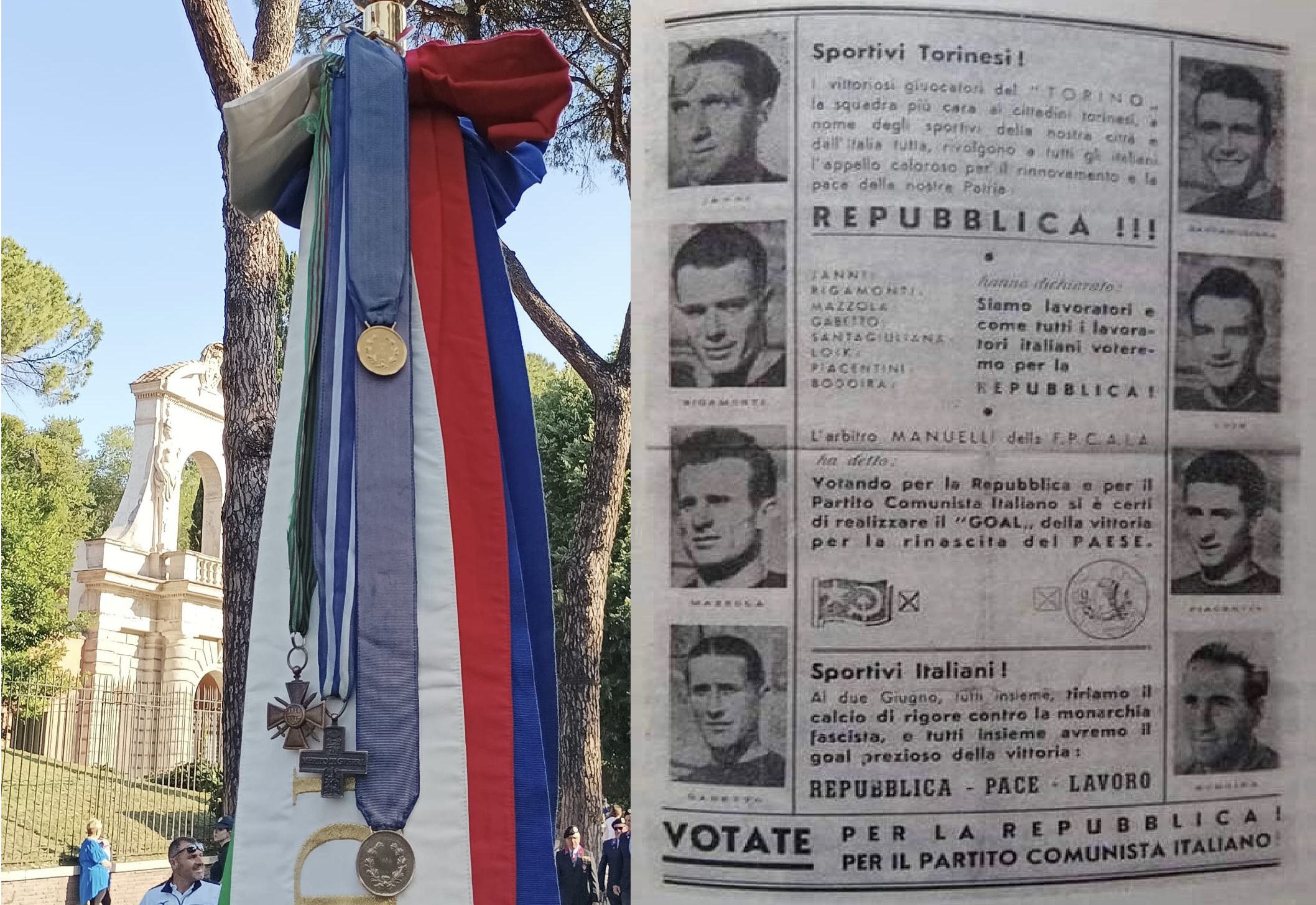2 giugno, la bandiera di Vicenza con la medaglia risorgimentale copia di quella donata come Oro della Patria e messaggio del Grande Torino