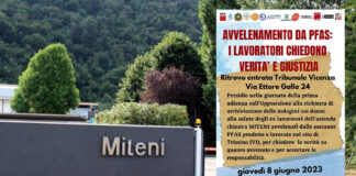 Caso Miteni e Pfas, in attesa della bonifica a Vicenza si scende in piazza: NO archiviazione indagini sui danni a salute ex lavoratori Miteni presidio udienza caso danni da pfas