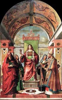 B. Montagna, Santa Maria Maddalena tra isanti Girolamo, Paola (?), Monica e Agostino, 1514-1515.