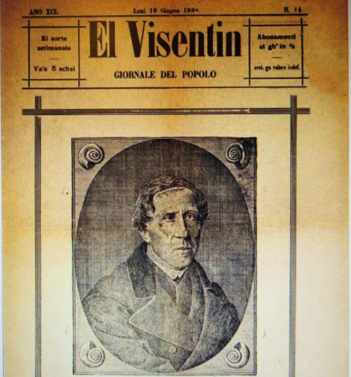 El Visentin, Anno XIX n. 14, 18 giugno 1888, che ricorda il trigesimo della morte di Giacomo Zanella. Il ritratto di G. Zanella è incisione di Gaetano Campanato. Coll. G. Ceraso