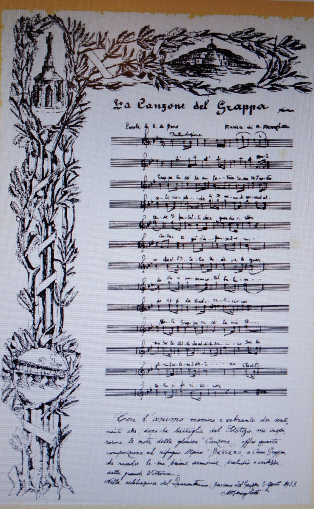 Partitura della Canzone con nota in calcedi A. Meneghetti (da N. n., Monte Grappa, a cura del Ministero della Difesa, Roma 1977, p. 63)