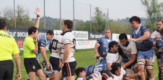 Serie A Élite, la Rangers Rugby Vicenza cede col Mogliano 31-43 dopo un secondo tempo in recupero (19-14) davanti allo sponsor Battistolli Carrello e meta della Rangers Rugby Vicenza col Mogliano (Foto di Alex Zonta)