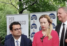 Rucco, Sorrentino, Porelli, Siotto e Liliana Zocca con FdI. Berlato (con Donazzan) punta a Rucco in regione e Siotto sindaco. Civici con Possamai: “tRucco politico” Francesco Rucco con Meloni e Berlato (foto di archivio)