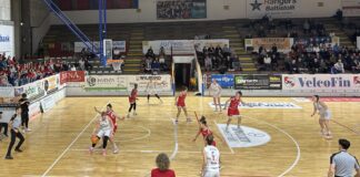 Basket A2 femminile: la Velcofin Interlocks Vicenza all’atto finale per rimanere in alto, domani 19 maggio contro Carugate gara-3 in casa alle 18 Velcofin Interlocks Vicenza (maglia bianca) in azione mentre le giovanissime ultras dell'As Vicenza, a sinistra, tifano per loro (foto VicenzaPiù - ViPiu.it)