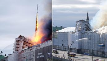 Danimarca, violento incendio alla Borsa di Copenaghen: crollata la guglia – Video