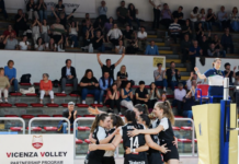 Serie B1 femminile, Vicenza Volley a caccia di punti play off contro Crema sabato 27 alle 20.30 al palasport Città di Vicenza Un'esultanza del Vicenza Volley contro il Giorgione