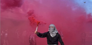 Corteo pro Palestina a Vicenza, Rucco attacca Possamai su sicurezza e promesse elettorali. Domanda ai vicentini: i due non si somigliano? Nella foto fornita da Francesco Rucco un manifestante anti Israele e pro Palestina agita un fumogeno