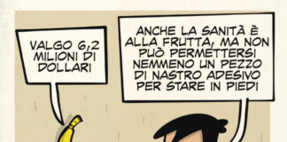 Banana di Cattelan milionaria e sanità alla frutta. Vignetta Lele Corvi: se la sanità fosse un’opera d’arte concettuale, avrebbe più fortuna Banana di Cattelan milionaria e sanità alla frutta nella vignetta di Lele Corvi