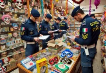Carnevale,  Gdf di Trieste: sequestrate a un cinese 1.161 maschere, parrucche e ghirlande non sicure nell’area commerciale di Muggia GdF (Guardia di Finanza) in azione (immagine realizzata con AI)