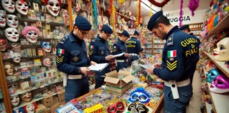Carnevale,  Gdf di Trieste: sequestrate a un cinese 1.161 maschere, parrucche e ghirlande non sicure nell’area commerciale di Muggia GdF (Guardia di Finanza) in azione (immagine realizzata con AI)