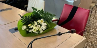 Femminicidio, un mazzo di fiori bianchi vicino alla sedia rossa del Consiglio comunale di Vicenza femminicidio sala bernalda vicenza