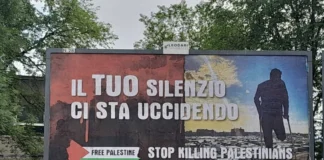 Palestina, a Vicenza cartelloni rivolti agli USA: “Il tuo silenzio ci sta uccidendo” vicenza palestina
