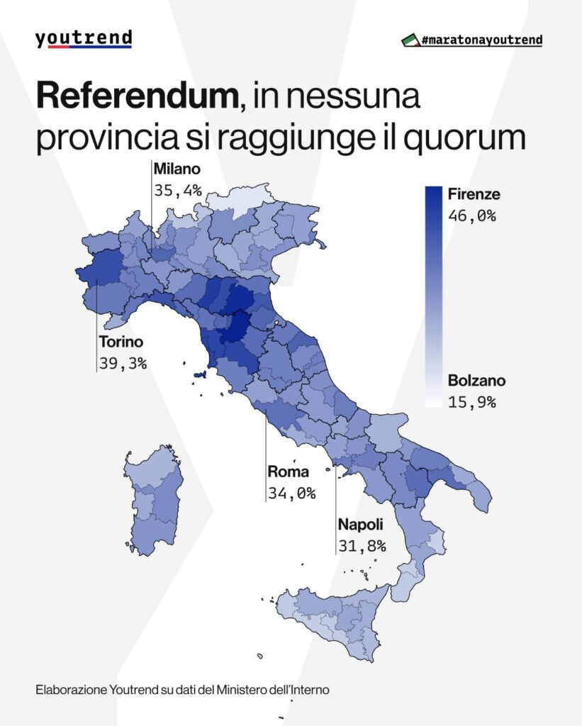 Mappa dell’affluenza per provincia (fonte: elaborazione Youtrend su dati Ministero dell’Interno)