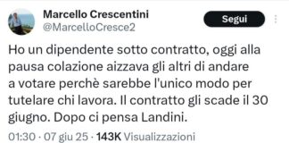 “Non rinnovo il contratto all’operaio che vota Sì”, minaccia imprenditore di Fabriano su X possibile boomerang sui referendum CGIL sul lavoro Referendum lavoro, il post di Marcello Crescentini