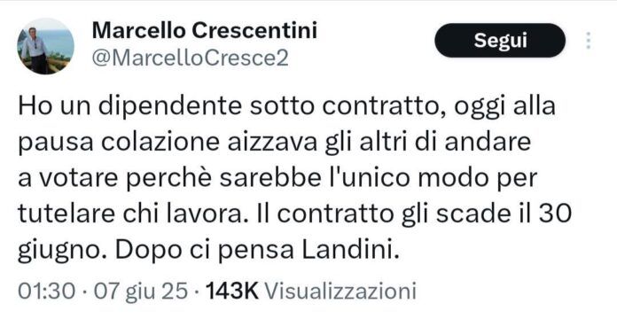 Referendum lavoro, il post di Marcello Crescentini Referendum lavoro, il post di Marcello Crescentini