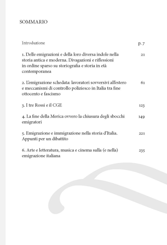 "La fine della Merica" di Emilio Franzina, l'indice
