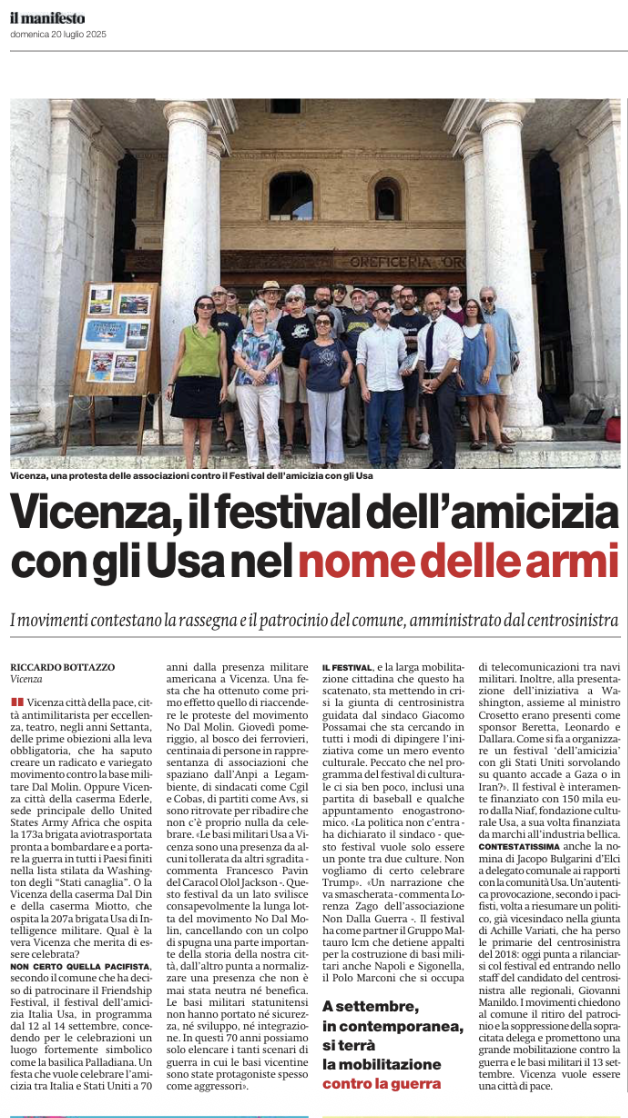 Italia-America Friendship Festival, Vicenza, città della pace dimenticata, la denuncia de Il Manifesto