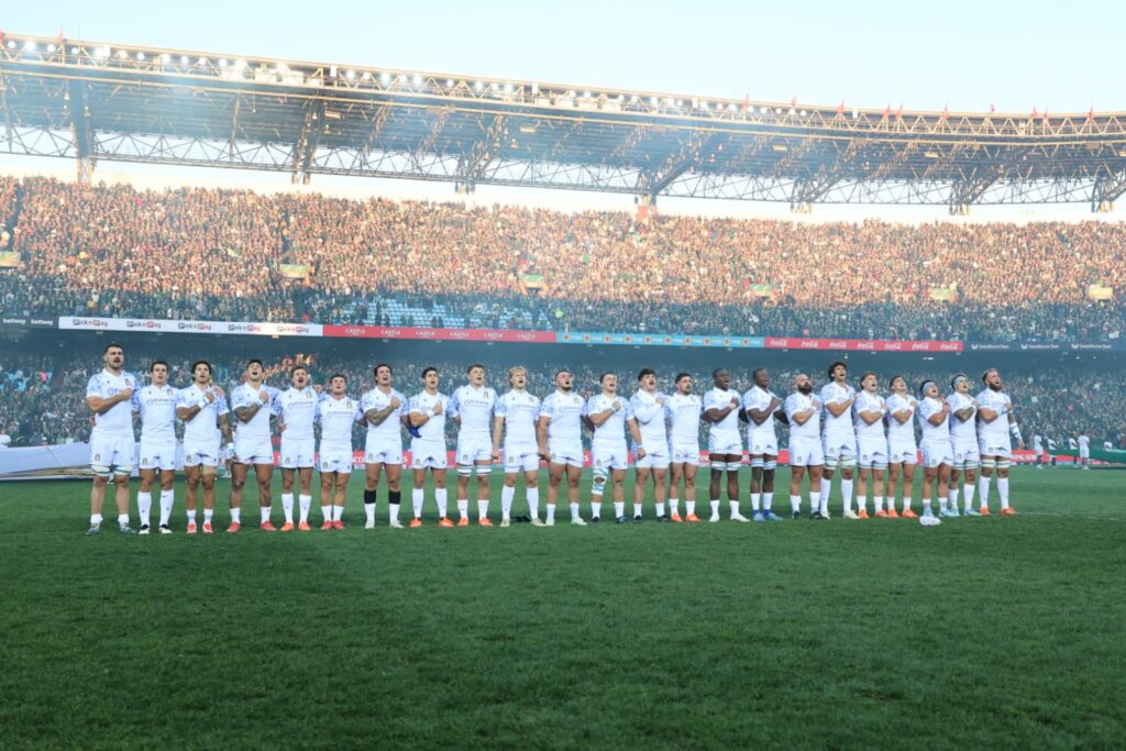 L'Ital Rugby con il n. 15 vicentino Jacopo Trulla (5° da sx) oggi a Pretoria contro i campioni del mondo del Sudafrica