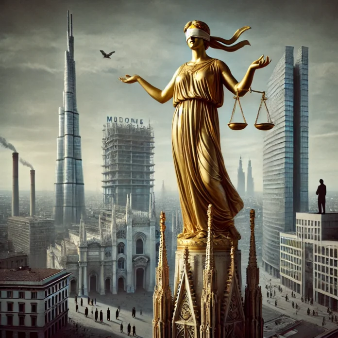 La Madonnina di Milano con gli occhi bendati per non vedere gli scandali edilizi La Madonnina di Milano con gli occhi bendati per non vedere gli scandali edilizi