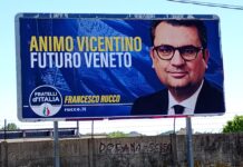 Rucco (FdI) allarga visuale da Vicenza puntando al Consiglio regionale: «rilanciare terme di Recoaro e difendere export veneto» Uno dei manifesti murali per Francesco Rucco che da Vicenza punta al Veneto per le elezioni regionali 2025
