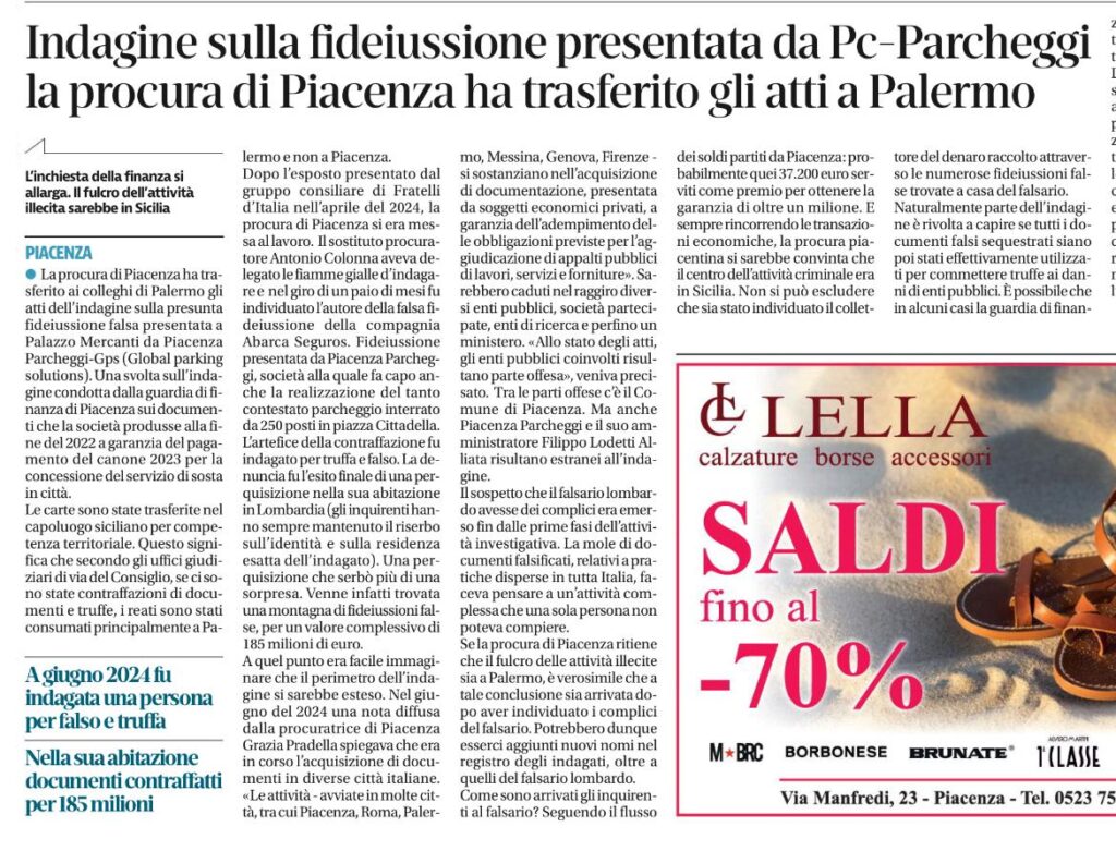 Fideiussione di GPS (Pc Parcheggi), indagini trasferite a Palermo