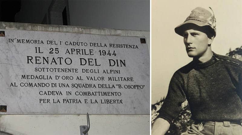 Renato Del Din e lapide commemorativa a Tolmezzo