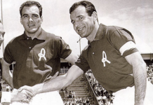 Stadio Menti, finalmente è ufficiale: la tribuna d’onore sarà intitolata a Giulio Savoini. Felici la moglie Lia Paulon, i vicentini e… Giovanni Rolando Savoini (in primo piano) capitano dei berici; con lui, il compagno di squadra Luís Vinício (foto da Wikipedia)