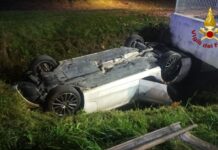 Bolzano Vicentino, auto capovolta in fossato con acqua: illeso il conducente Bolzano Vicentino Incidente