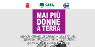 25 novembre, Cgil, Cisl e Uil del Veneto uniti contro la violenza sulle donne. Flash mob in piazza Duomo a Belluno 25 novembre cgil cisl uil veneto