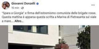 Donzelli pubblica foto scritta su muro: “‘Spara a Giorgia’ a firma Br, non ci fermeremo”