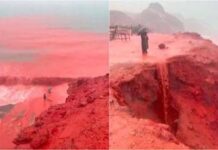 Mare ‘rosso sangue’ in Iran, lo spettacolo sull’isola di Hormuz