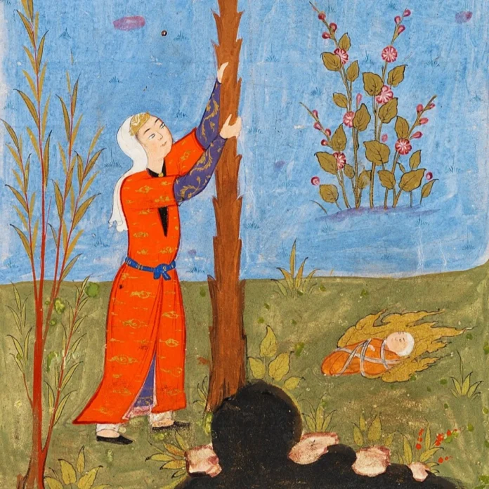 Maryam, cioè Maria, alla palma con il piccolo Isa (cioè Gesù) per l'Islam