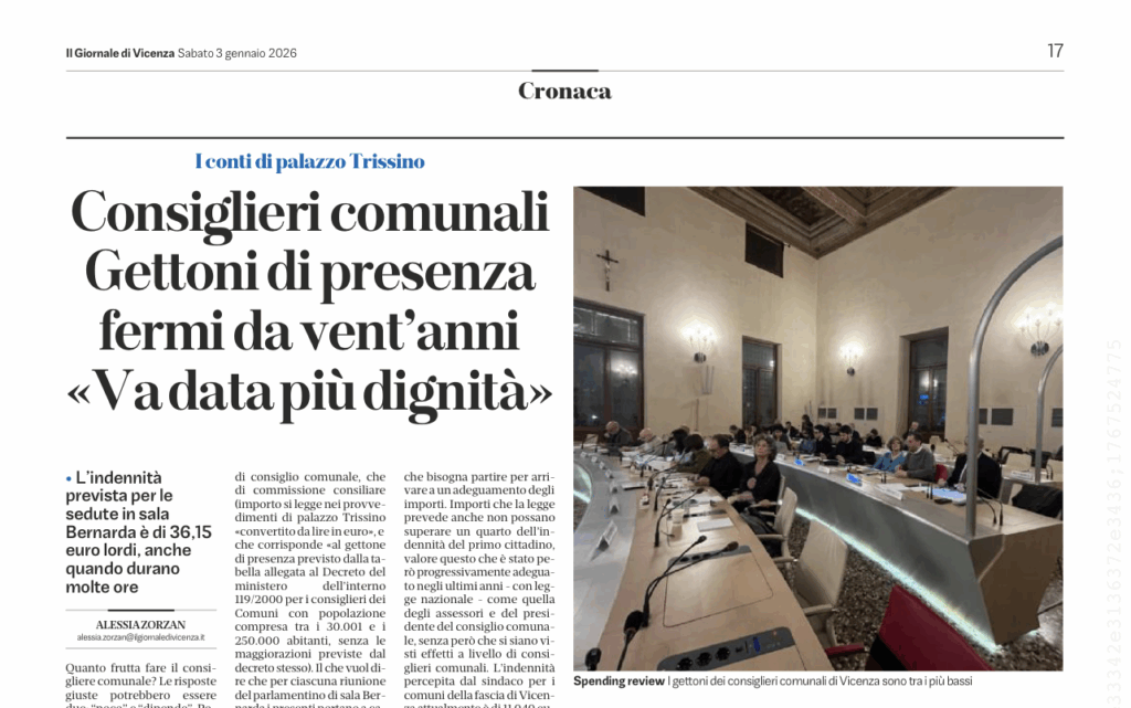 Gettoni dei consiglieri comunali di Vicenza fermi da vent'anni (GdV del 3 gennaio 2026)