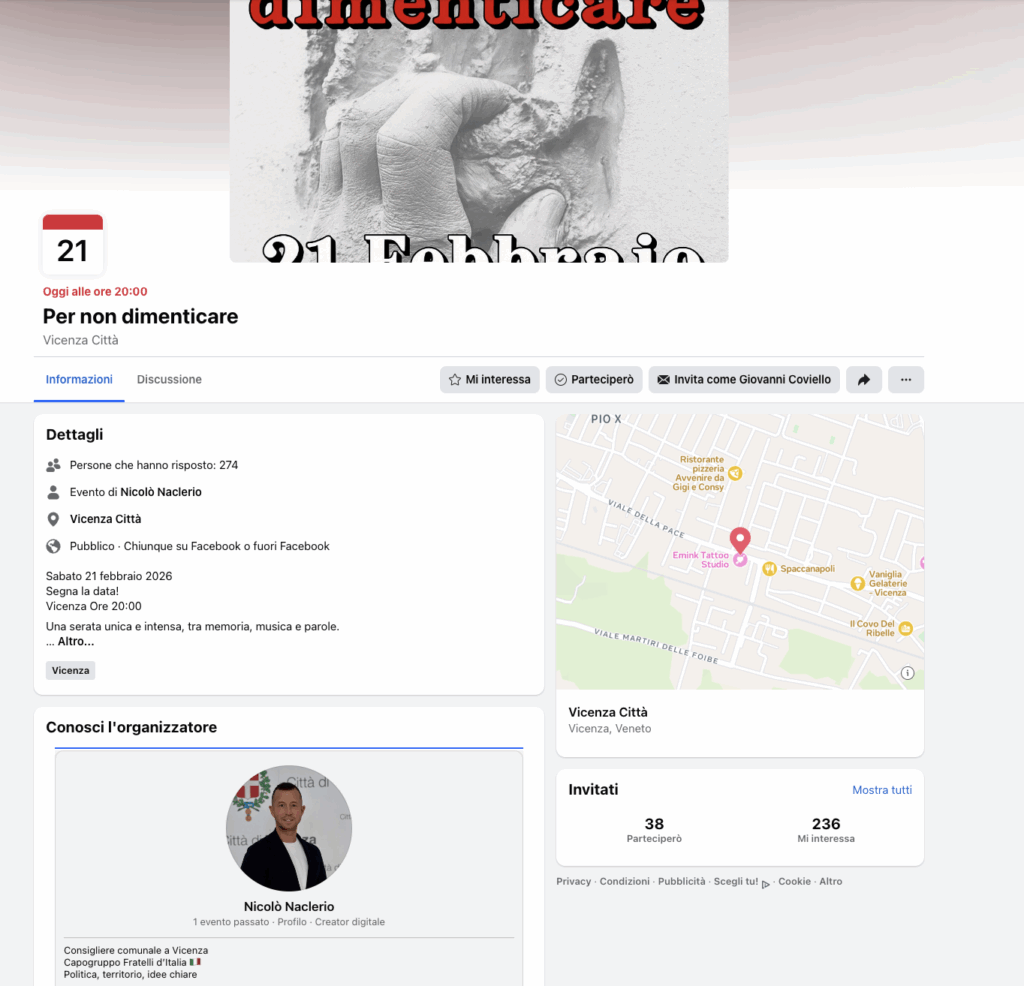 ANPI insorge: "evento neofascista a Vicenza promosso da Nicolò Naclerio"