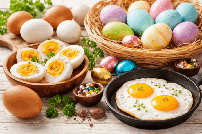 Uova sode, fritte, colorate e uova di Pasqua Uova sode, fritte, colorate e uova di Pasqua