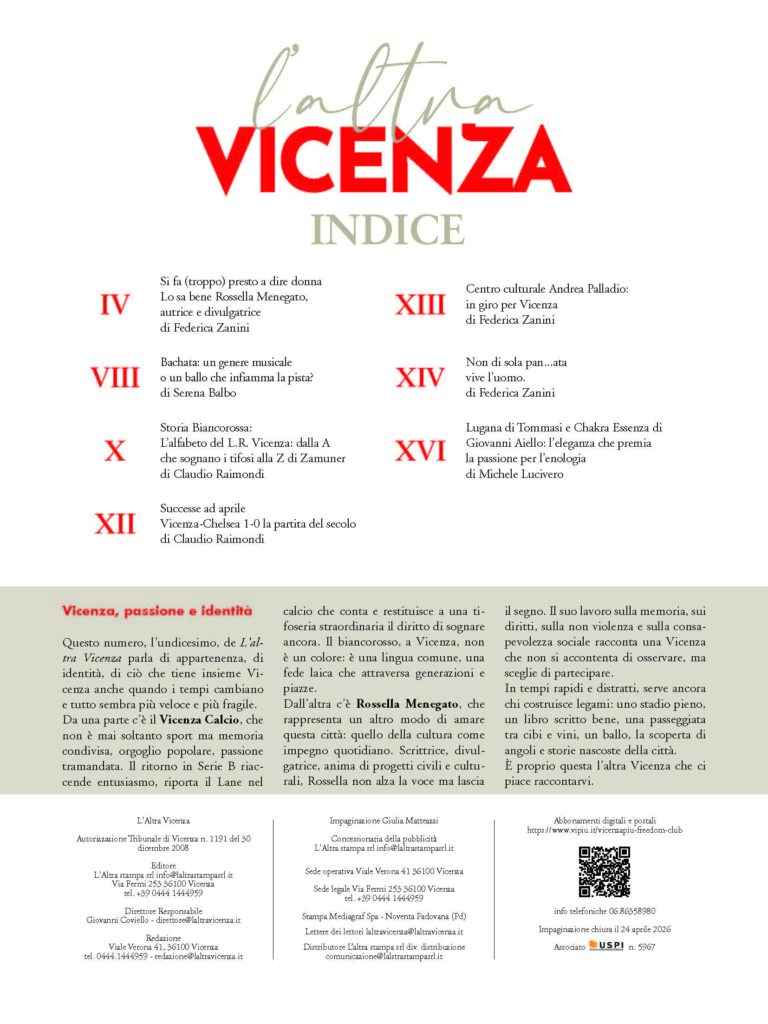 Indice ed editoriale di L'altra Vicenza n. 11 allegata a VicenzaPiù Viva n. 307