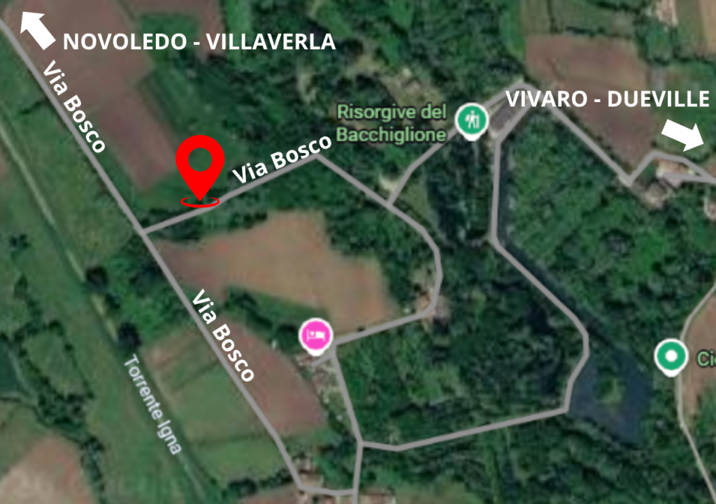 In rosso il luogo in cui Vipiù ha rinvenuto cinque pesci morti. La moria è avvenuta in via Bosco a Villaverla, ai confini con Dueville.