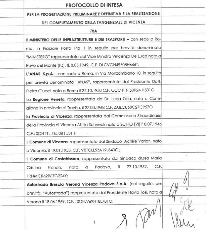 Protocollo d'intesa per la progettazione preliminare e definitiva e la realizzazione del completamento della tangenziale di Vicenza