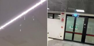 Piove dentro l’aeroporto di Milano Malpensa, acqua vicino a bagagli e biglietteria