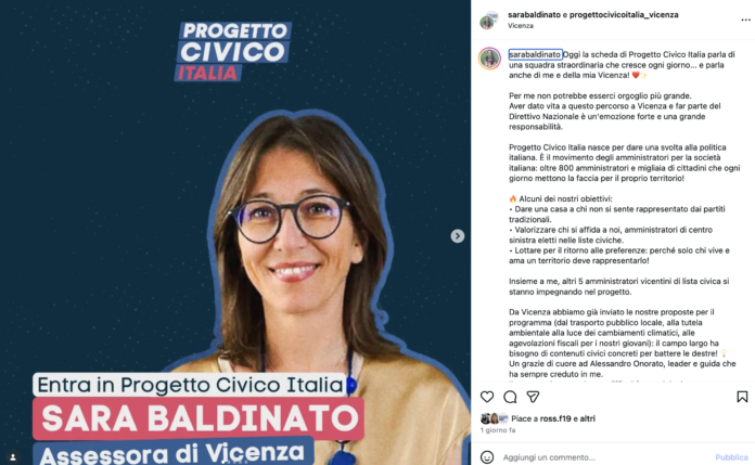 Sara Baldinato con Onorato e PCI (Progetto Civico Italia) sul profilo Instagram)