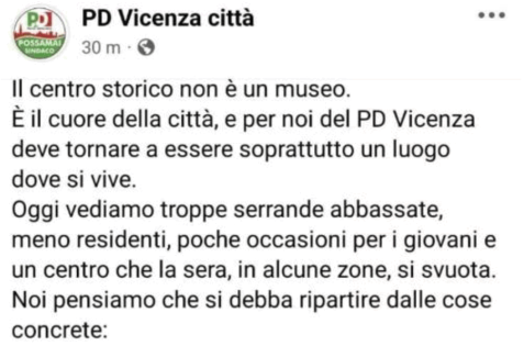 post del Pd Vicenza centro storico Vicenza